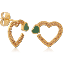GOLD PVD COATED SURGICAL STEEL GRADE 316L STUD EARRINGS OPEN HEART GREEN ENAMEL AND GEMS