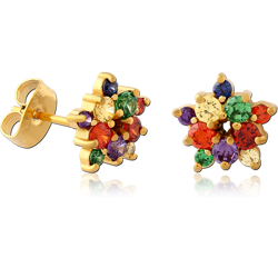 GOLD PVD COATED SURGICAL STEEL GRADE 316L JEWELED EAR STUDS PAIR - FLOWER