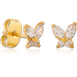 GOLD PVD COATED SURGICAL STEEL GRADE 316L BUTTEFLY JEWELED EAR STUDS PAIR