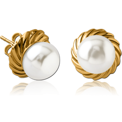 GOLD PVD COATED SURGICAL STEEL GRADE 316L EAR STUDS PAIR WITH SYNTATIC PEARL - FILIGREE