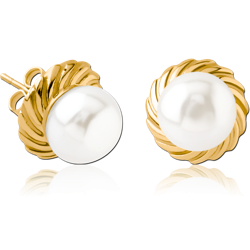 GOLD PVD COATED SURGICAL STEEL GRADE 316L EAR STUDS PAIR WITH SYNTATIC PEARL - FILIGREE