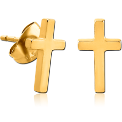 GOLD PVD COATED SURGICAL STEEL GRADE 316L EAR STUDS PAIR - CROSS