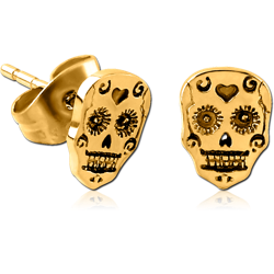 GOLD PVD COATED SURGICAL STEEL GRADE 316L EAR STUDS PAIR - FANCY SKULL