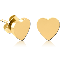 GOLD PVD COATED SURGICAL STEEL GRADE 316L EAR STUDS PAIR - HEART FLAT