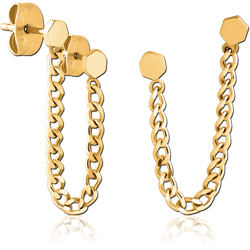 GOLD PVD COATED SURGICAL STEEL GRADE 316L EAR STUDS WITH CHAIN