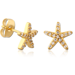 GOLD PVD COATED SURGICAL STEEL GRADE 316L JEWELED EAR STUDS PAIR