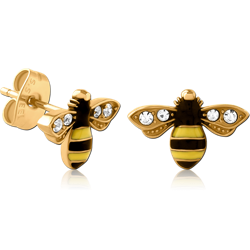 GOLD PVD COATED SURGICAL STEEL GRADE 316L JEWELED EAR STUDS PAIR