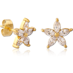 GOLD PVD COATED SURGICAL STEEL GRADE 316L JEWELED EAR STUDS PAIR