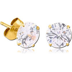 GOLD PVD COATED SURGICAL STEEL GRADE 316L PRONG SET ROUND JEWELED EAR STUDS PAIR