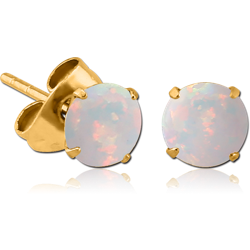 GOLD PVD COATED SURGICAL STEEL GRADE 316L PRONG SET ROUND ORGANIC SYNTHETIC OPAL EAR STUDS PAIR