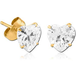 GOLD PVD COATED SURGICAL STEEL GRADE 316L HEART PRONG SET JEWELED EAR STUDS PAIR