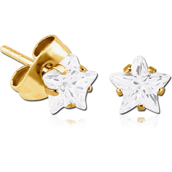 GOLD PVD COATED SURGICAL STEEL GRADE 316L STAR PRONG SET JEWELED EAR STUDS PAIR