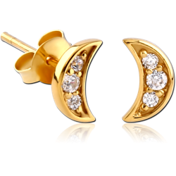 GOLD PLATED STERLING 925 SILVER JEWELED EAR STUDS PAIR - CRESCENT