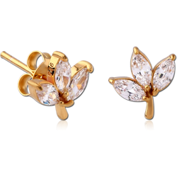 GOLD PVD COATED STERLING 925 SILVER JEWELED EAR STUDS PAIR - LEAF