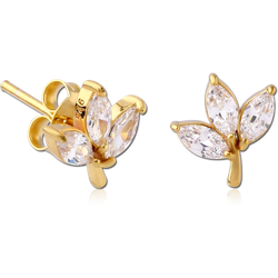 GOLD PVD COATED STERLING 925 SILVER JEWELED EAR STUDS PAIR - LEAF