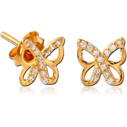 GOLD PVD COATED STERLING 925 SILVER JEWELED EAR STUDS PAIR - BUTTERFLY