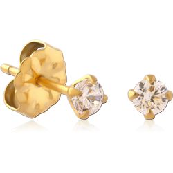 PAIR OF GOLD PVD COATED TITANIUM ALLOY ROUND PRONG SET JEWELED EAR STUDS