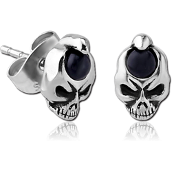 SURGICAL STEEL GRADE 316L EAR STUDS PAIR WITH ONYX - SKULL
