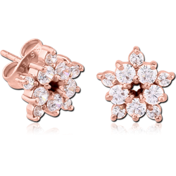 ROSE GOLD PVD COATED SURGICAL STEEL GRADE 316L JEWELED EAR STUDS PAIR - FLOWER