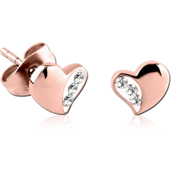 ROSE GOLD PVD COATED SURGICAL STEEL GRADE 316L CRYSTALINE JEWELED EAR STUDS PAIR - HEART