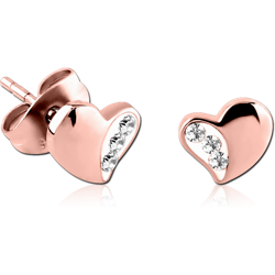 ROSE GOLD PVD COATED SURGICAL STEEL GRADE 316L CRYSTALINE JEWELED EAR STUDS PAIR - HEART
