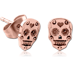 ROSE GOLD PVD COATED SURGICAL STEEL GRADE 316L EAR STUDS PAIR - FANCY SKULL