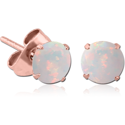 ROSE GOLD PVD COATED SURGICAL STEEL GRADE 316L PRONG SET ROUND ORGANIC SYNTHETIC OPAL EAR STUDS PAIR