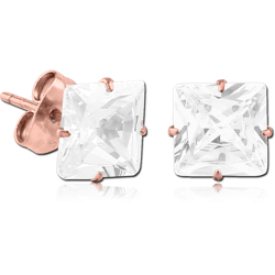 ROSE GOLD PVD COATED SURGICAL STEEL GRADE 316L SQUARE PRONG SET JEWELED EAR STUDS PAIR