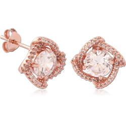 STERLING 925 SILVER ROSE GOLD PLATED JEWELED EAR STUDS PAIR