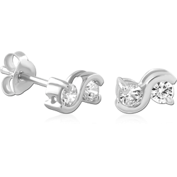 STERLING 925 SILVER STUD EARRINGS CURVED WAVE WITH TWIN CLEAR GEMS