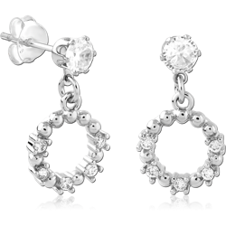STERLING 925 SILVER STUD EARRINGS CLEAR GEM WITH BEADED CIRCLE DANGLE