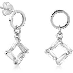 STERLING 925 SILVER STUD EARRINGS OPEN RING WITH BAGUETTE RHOMBUS DANGLE