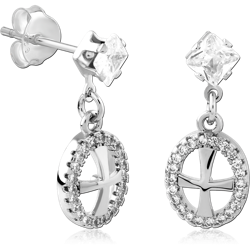 STERLING 925 SILVER STUD EARRINGS SQUARE GEM WITH CROSS OVAL DANGLE