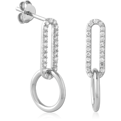 STERLING 925 SILVER STUD EARRINGS PAVE OVAL LINK WITH HOOP DROP