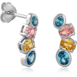 STERLING 925 SILVER STUD EARRINGS MULTI-COLOR OVAL AND ROUND GEM CLUSTER PAIR