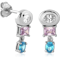 STERLING 925 SILVER STUD EARRINGS CLEAR PINK AND BLUE GEM DROP