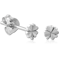 RHODIUM PLATED STERLING 925 SILVER STUD EARRINGS FOUR LEAF CLOVER