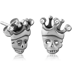 SURGICAL STEEL GRADE 316L EAR STUDS PAIR - SKULL WITH CROWN