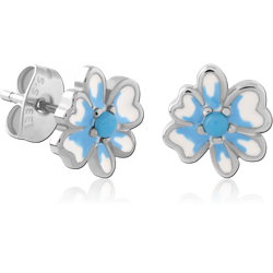 316L SURGICAL STEEL GRADE 316L STUD EARRINGS BLUE AND WHITE ENAMEL FLOWER PETALS DESIGN