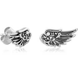 316L SURGICAL STEEL GRADE 316L STUD EARRINGS ANGEL WING WITH CLEAR GEM ACCENTS