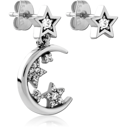 316L SURGICAL STEEL GRADE 316L STUD EARRINGS STAR GEM TOP WITH CRESCENT MOON AND STARS CHARM