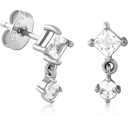 316L SURGICAL STEEL GRADE 316L STUD EARRINGS PRINCESS CUT GEM WITH ROUND GEM DANGLE