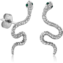 316L SURGICAL STEEL GRADE 316L STUD EARRINGS SNAKE DESIGN WITH GREEN GEM EYES