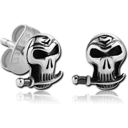 SURGICAL STEEL GRADE 316L EAR STUDS PAIR - SKULL WITH SWARD