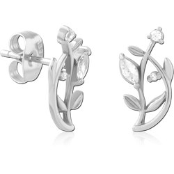 316L SURGICAL STEEL GRADE 316L STUD EARRINGS PAIR LEAF BRANCH WITH CLEAR GEMS