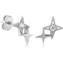 316L SURGICAL STEEL GRADE 316L STUD EARRINGS PAIR OPEN STAR WITH CLEAR GEMS