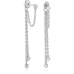 316L SURGICAL STEEL GRADE 316L STUD EARRINGS PAIR CHAIN DROP WITH CLEAR CRYSTALS