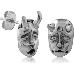 316L SURGICAL STEEL GRADE 316L STUD EARRINGS ANTIQUED HORNED MASK FACES DESIGN