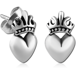SURGICAL STEEL GRADE 316L EAR STUDS PAIR - HEART WITH CROWN
