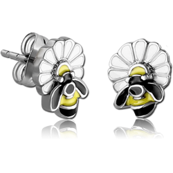 SURGICAL STEEL GRADE 316L EAR STUDS PAIR - BEE ON FLOWER